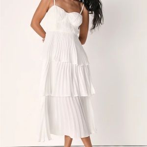 Cascading white tiered bustier midi dress NEW
